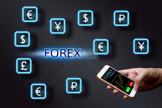 Forex概念拥有智能手机和货币图标背景的商人图片