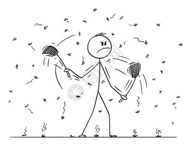 矢量卡通棍图描绘两个手中都有飞毛腿扇或拍的人商杀死苍蝇蚊虫或只飞来去的昆虫图片