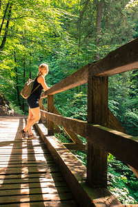 年轻的背包女孩住在木桥上林中享受风景图片