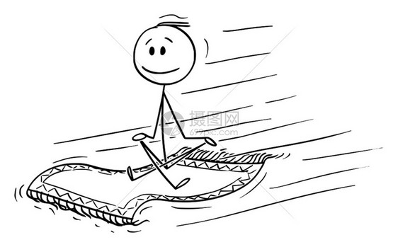 矢量卡通插图绘制人或商坐在飞地毯上的概念图图片