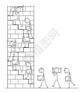 矢量卡通棒图绘制概念说明男子或工人携带大块石作为建筑材料和在高塔上攀爬楼梯图片