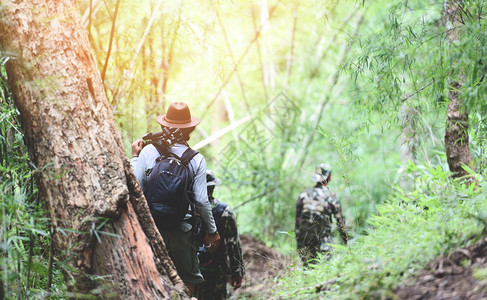 在竹林中行走的旅者男子登山上一群朋友带着背包和摄影器材走来去旅行游体育活动概念背景图片