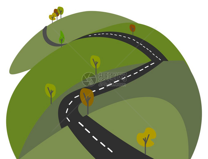 长的道路两边都有美丽的绿树丛矢量颜色绘画或插图