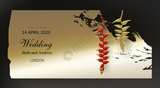 深黑背景矢量上的热带金红色黄植物美丽的古典设计配有金漆涂料热带丛林外来花朵婚礼邀请卡假日销售图片