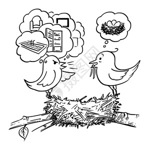 矢量漫画绘制几只鸟坐在巢中的概念插图雌鸟对家庭不满意要求更多的财产无休止不满概念图片