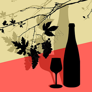 藤叶葡萄酒杯和瓶子的矢量光影图片
