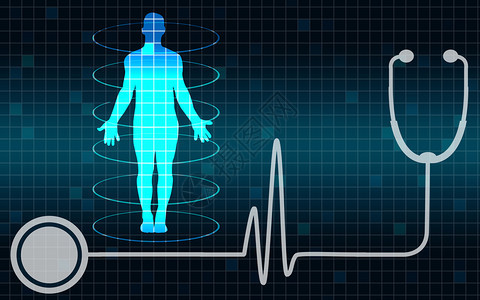 蓝色背景的有听诊器人体3D造型图片