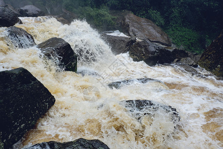 暴雨过后河水淹雨从森林的山中大量流出图片