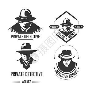 私人侦探促销单色标志带有戴帽子和经典大衣的男子与特殊官员一起的调查服务标志带有白色背景的孤立卡通平面矢量图私人侦探促销单色标志带图片
