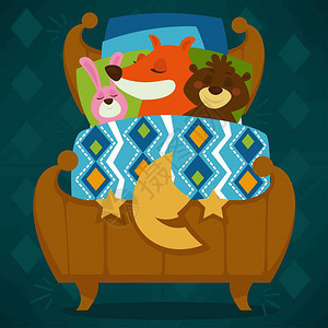 睡在床上童话宠物的动睡在觉矢量上狐狸和熊独角兽兔子平静的哺乳动物躺在温暖的毯子下可爱漫画插图动物睡在床上的童话宠物睡在觉的矢量上图片