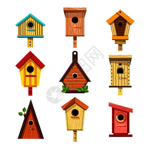 Wooden鸟屋孤立的图标巢穴以挂在树形长方和三角上建筑以喂养有洞和绿叶卡通矢量木板的小鸟建筑物Wooden鸟屋孤立的图标巢穴树背景图片