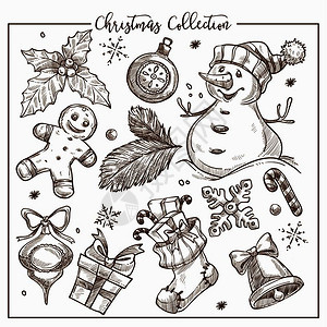 具有象征意义的传统元素单色描缩图矢量的圣诞收藏品带有胡萝卜鼻子寄生虫叶雪花和手表的人贝尔和姜饼的特具有象征意义的传统元素单色描矢图片