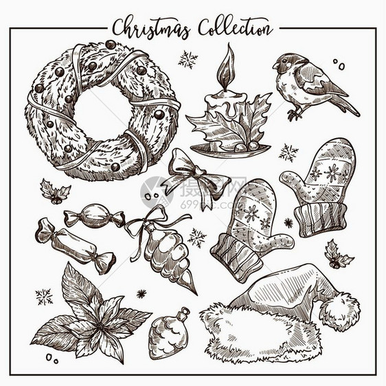 带有蜡烛小鸟和圣诞老人帽甜糖和热羊毛手套的奥兰特花圈具有象征意义的传统元素单色草图矢量的圣诞收藏具有象征意义的传统元素单色草图矢图片