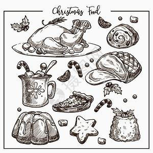 圣诞晚餐传统菜单矢量素描成套盘子冬季餐厅和咖啡设计要素模板Xma甜点和饮料饼干果冻姜和炸火鸡肉圣诞晚餐传统菜单矢量素描成套盘子图片