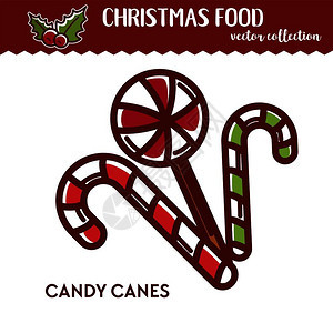 圣诞节食品或甜点焦糖甘蔗和有条纹的棒糖传统甜食用于冬季节日庆祝水果草莓和薄粉矢量说明圣诞食品节或甜点甘蔗糖和棒图片