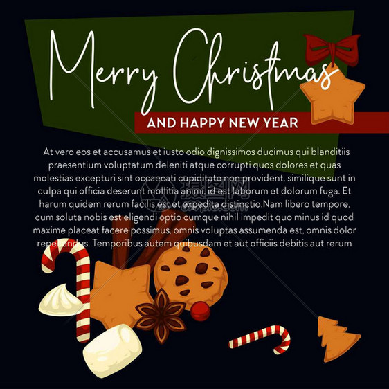 圣诞快乐海报附有文本样和符号矢量肉桂和巧克力饼干由姜棉花糖和棒制成有条纹模式松树和恒星形状圣诞快乐海报有文本样和符号图片