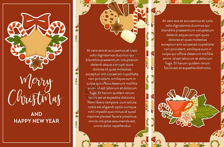 圣诞快乐新年配有文字矢量的圣诞快乐新年海报冬季节日符号恒星形状的姜饼干肉桂棒和热饮料杯糖果棒和寄生虫圣诞快乐带文字的新年快乐海报图片