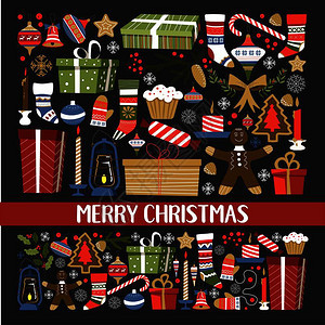 圣诞快乐矢量礼物袜子鱼和星姜饼干以人和松树装饰弓糖果棒图片