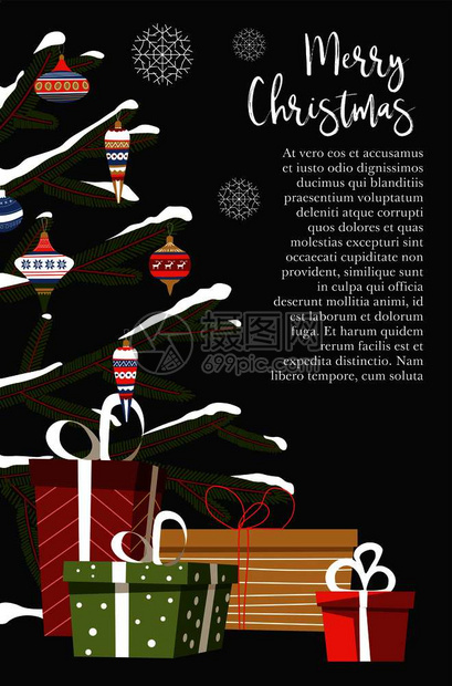 圣诞快乐冬季假日配有松树矢量的上布满了雪球和芭蕾树上布满了雪球和芭拉装饰树上布满了玩具礼物和装在带丝的盒子里圣诞快乐配有松树图片