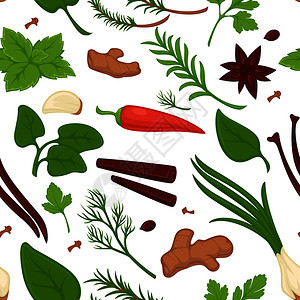 新鲜产品和蔬菜植物天然有机叶子洋葱和肉桂姜胡萝卜烹饪蔬菜和绿草本无缝病媒图片