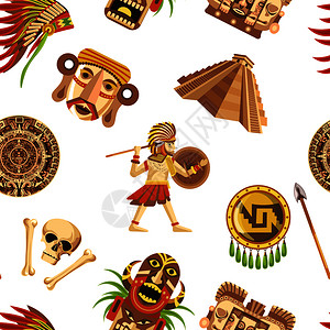 古老的金字塔锋利长矛固盾真实的头盔人骨木质图腾和考古学的矢量图解古老的玛雅传统特征和古代无价的遗迹缝图解古老的玛雅传统特征和古老图片