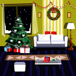 与墙壁椅子和桌壁炉花圈和袜子壁炉礼物和品盒庆祝活动圣诞节冬季假日家具和室内病媒相片的公寓图片