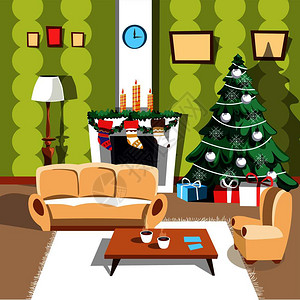 与墙壁椅子和桌壁炉花圈和袜子壁炉礼物和品盒庆祝活动圣诞节冬季假日家具和室内病媒相片的公寓图片