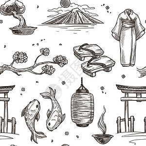 日本草图案背景东京日本富士山的矢量无缝设计和服的艺伎妇女寿司餐棍或盆木酒和丝日本草图案背景矢量无缝设计图片
