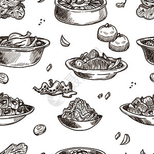 韩国菜传统盘子草图无缝模式一套配有桑纳基和姆奇卷心菜辣拉面汤或布洛戈吉鸡肉和韩国餐厅糕点的鸡肉韩国菜传统盘子草图也配有无缝模式韩图片