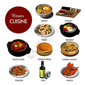 韩国菜传统餐盘平板图标矢量面条kimchitighe海鲜汤koranmantu面包烧酒和kimpab卷韩国传统餐厅菜单图片