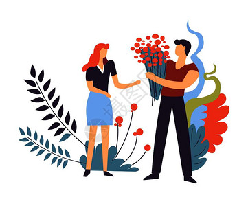 情侣一对男人和女彼此相爱男女友的人关系给女友送花束枝装饰约会情侣一对男人和女感情图片