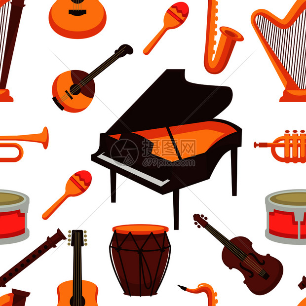 矢量孤立的一组管弦琴摇滚或班卓吉他钢琴音乐笔和鼓或震动马拉卡斯和带萨克风或喇叭低音的笛子图片