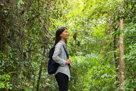 快乐的亚洲妇女在泰国坎沙纳布里家公园旅行和户外度假时在热带森林中放松和享受树木图片