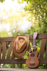 Ukulele和黄色太阳镜夏天在木制公园长椅上在模糊背景的绿地图片