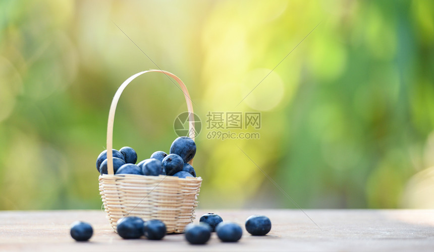 以木制篮子的新鲜蓝莓水果绿色模糊背景选择重点图片