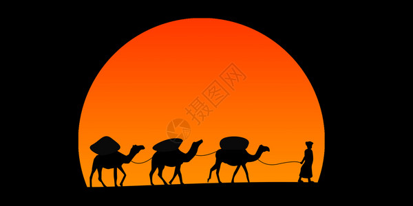 骆驼大篷车在沙漠日落前绕着月光3D翻滚图片