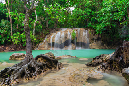 ErawanWaterfallKanchanaburi地区自然景观位于泰国用度假旅行和游景点图片