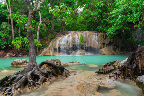 ErawanWaterfallKanchanaburi地区自然景观位于泰国用度假旅行和游景点图片