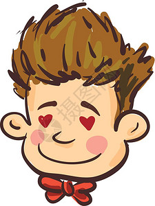 一个被爱情卡在卷头发男孩穿着红弓领带矢量彩色绘画或插图图片