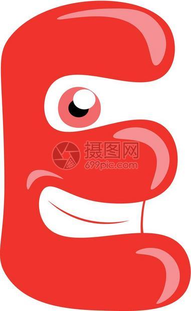 一个快乐的红色字母颜生物E双眼圆大牙齿矢量颜色图画或插图片