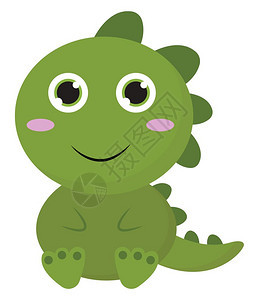 一只绿色的可爱小恐龙与粉红脸颊坐在一张微笑的脸矢量彩色画或插图上图片