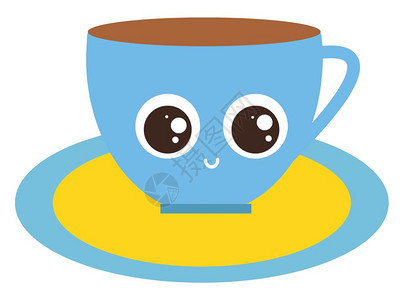 一个小可爱的茶杯盘子是蓝色和黄矢量彩绘画或插图图片