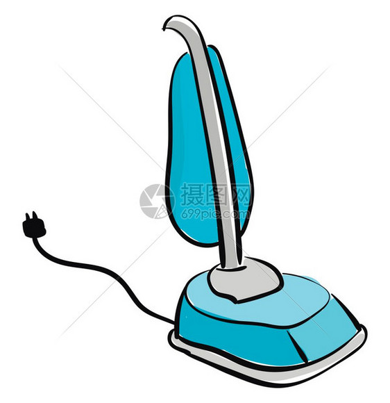 一个蓝色的小型真空清洁器开关可连接到电源矢量彩色绘图或插图片
