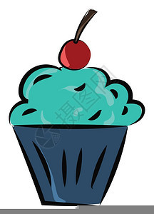 一个蓝色的小杯子蛋糕上面有新鲜樱桃矢量彩色绘画或插图图片