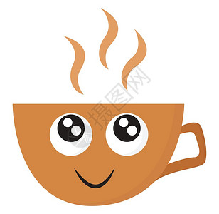一个橙色的可爱小咖啡杯里面有热咖啡向量彩色图画或插背景图片