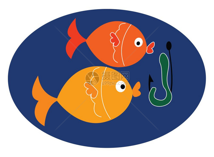 水下两条脂肪鱼靠近钩矢量彩色图画或插的象