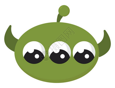 一个小绿色外星人三只眼睛两角矢量彩色画或插图插画
