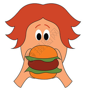 长发的家伙吃一个大汉堡三层次矢量彩色绘画或插图图片