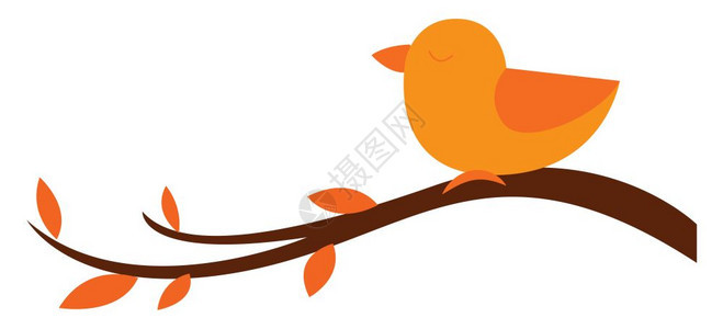 一只可爱的橙色小鸟浸在树枝上叶有奥瓦尔形的子眼睛闭着看起来很美从树的侧面矢量颜色图画或插来看图片