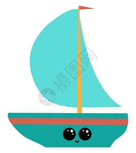 一艘蓝船在海上航行悬挂着红色旗帜在风中释放船体上有一个可爱的小脸孔眼睛转左微笑向量彩色画或插图图片